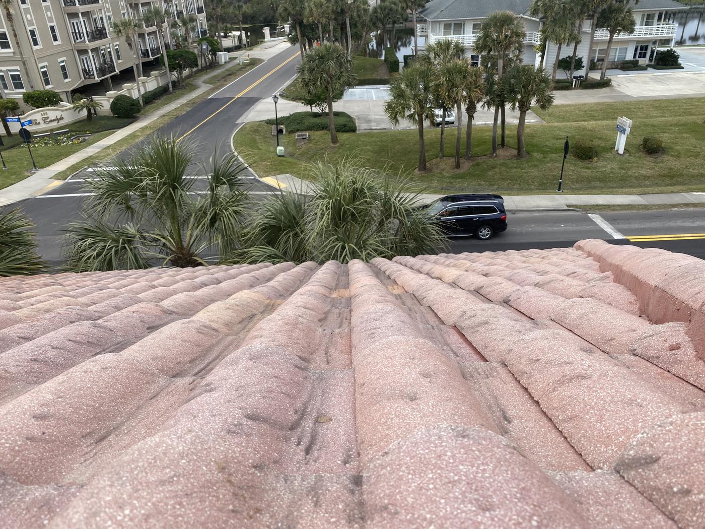 Algae and mildew streaking on a Northeast Florida tile roof before soft washing